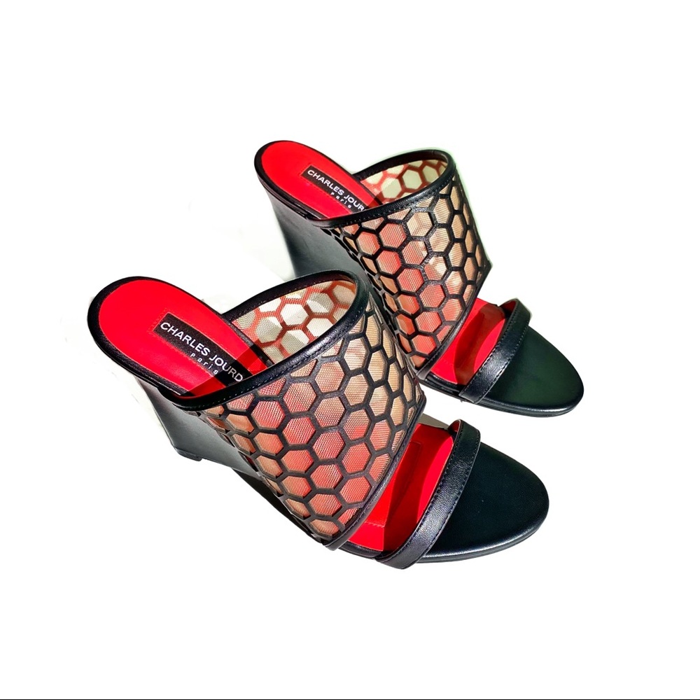✨Charles Jourdan✨ Lennox Black Leather Wedges Size 6.5
